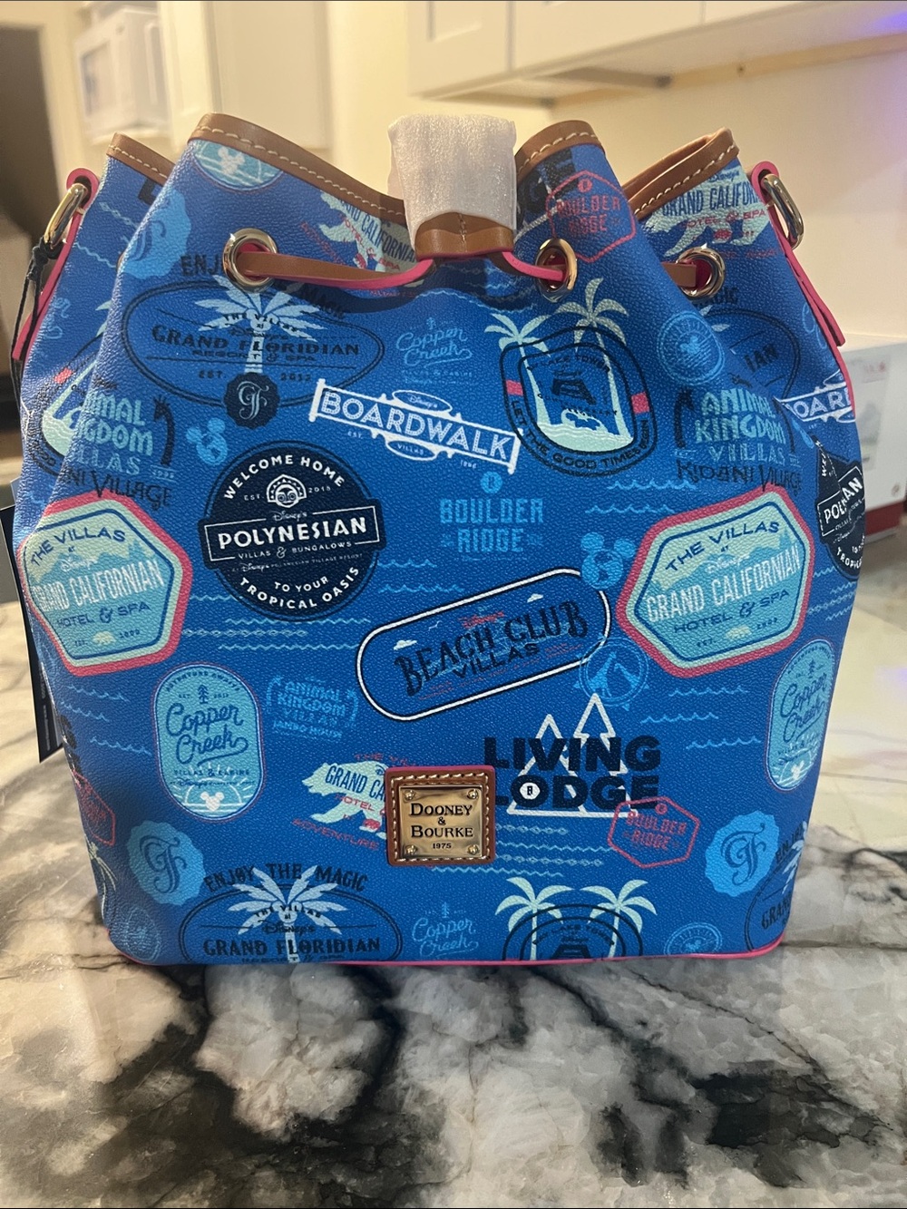 Dooney & Bourke Disney Vacation Club Blue Patch Print Drawstring Satchel